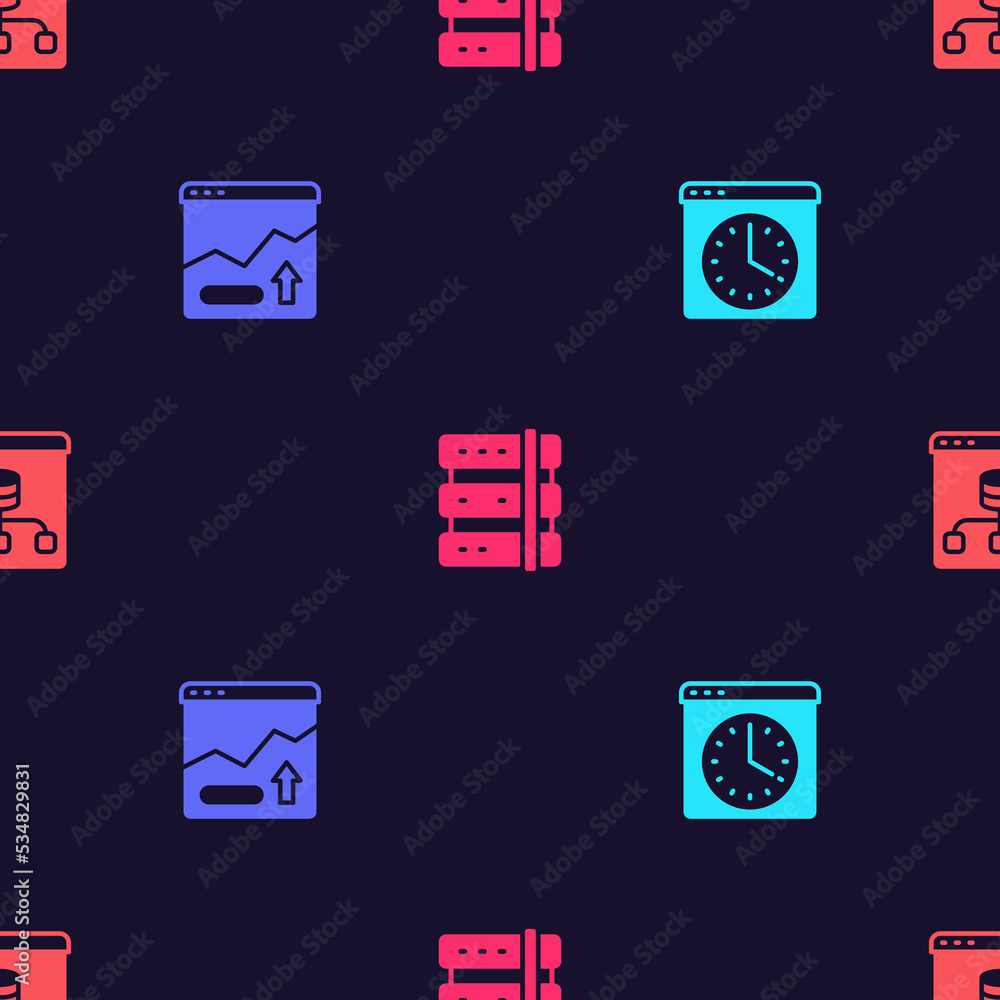 Poster set browser window, financial growth increase, server and server, data on seamless pattern. vector