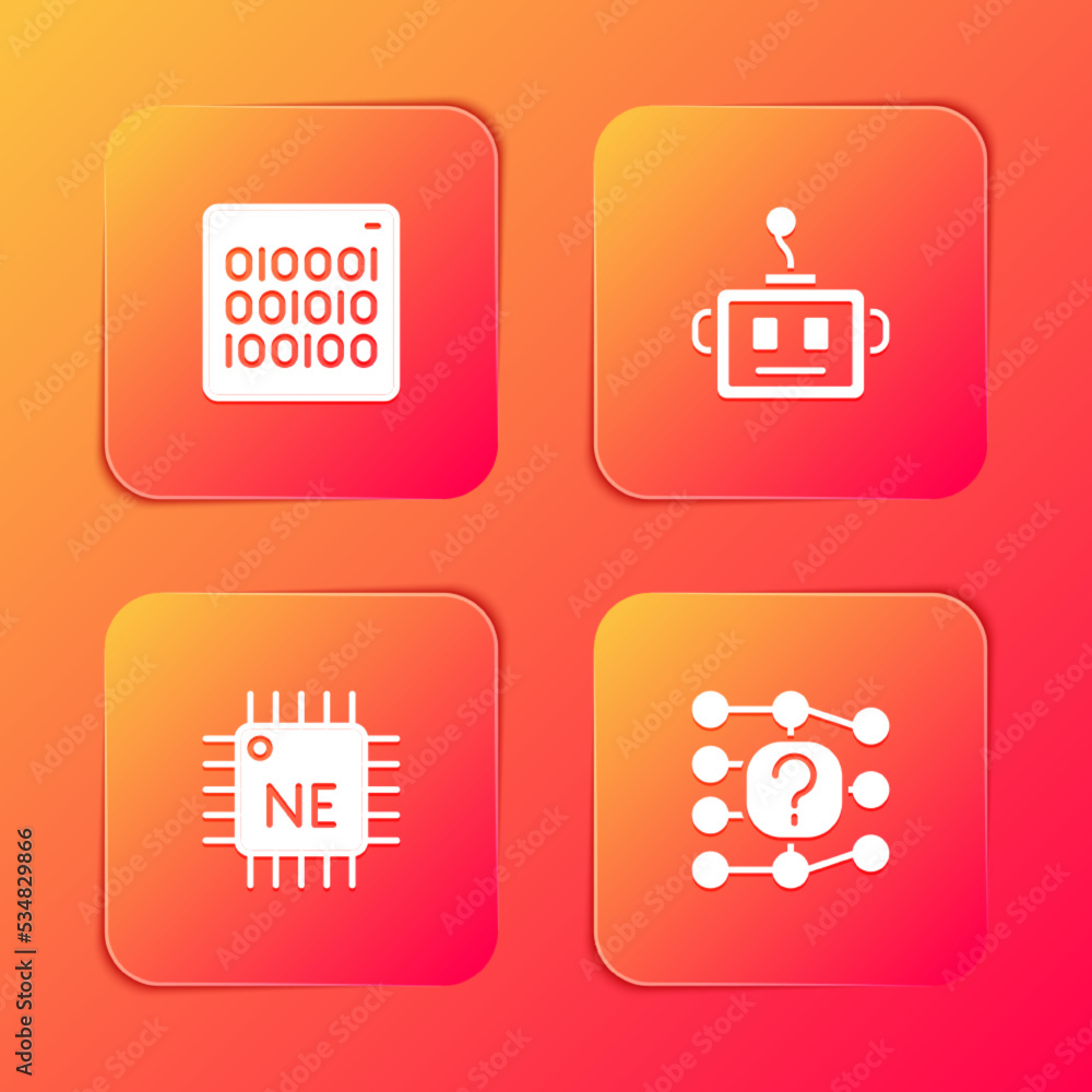Poster set binary code, artificial intelligence robot, processor cpu and neural network icon. vector