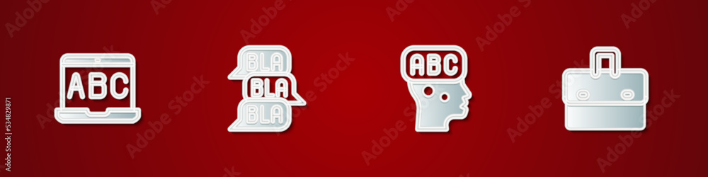 Poster set foreign language online study, speech bubble chat, learning foreign languages and briefcase icon