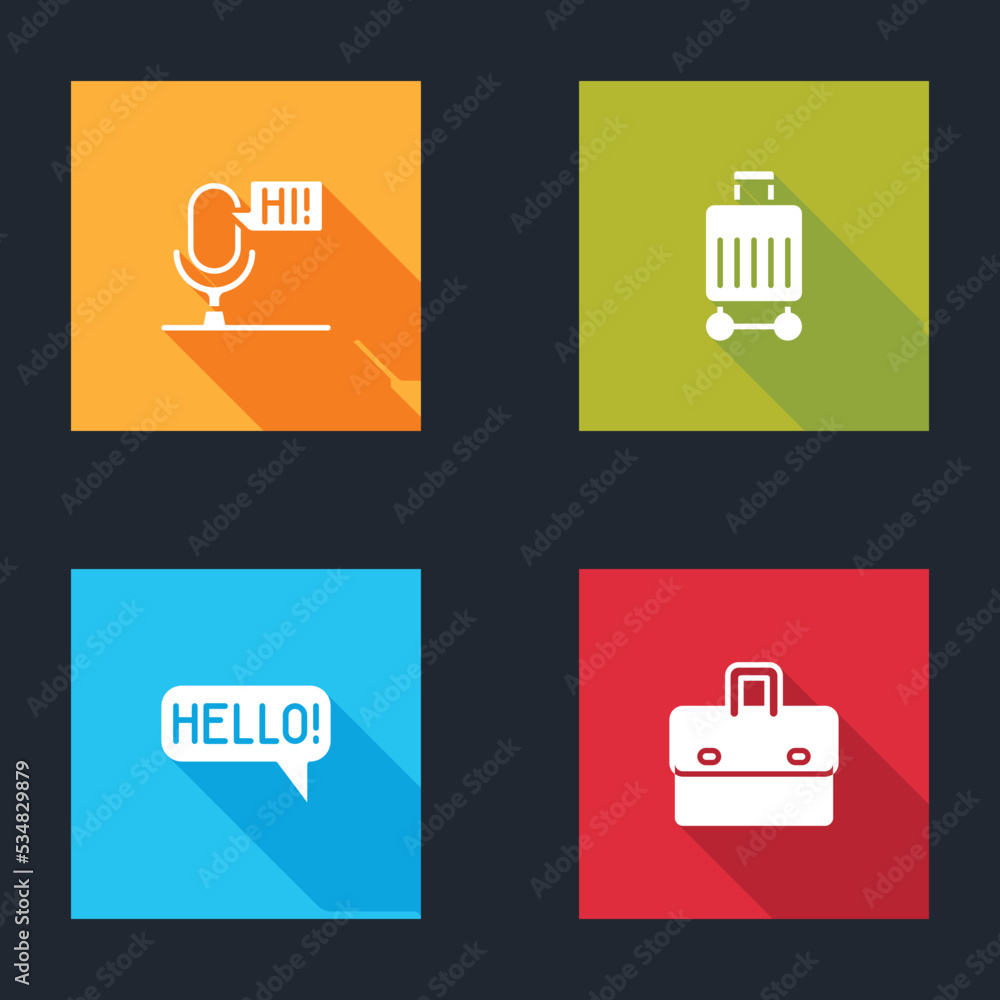 Aufkleber set microphone voice device, suitcase, hello in different languages and briefcase icon. vector