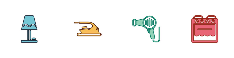 Obraz premium Set Table lamp, Electric iron, Hair dryer and Oven icon. Vector