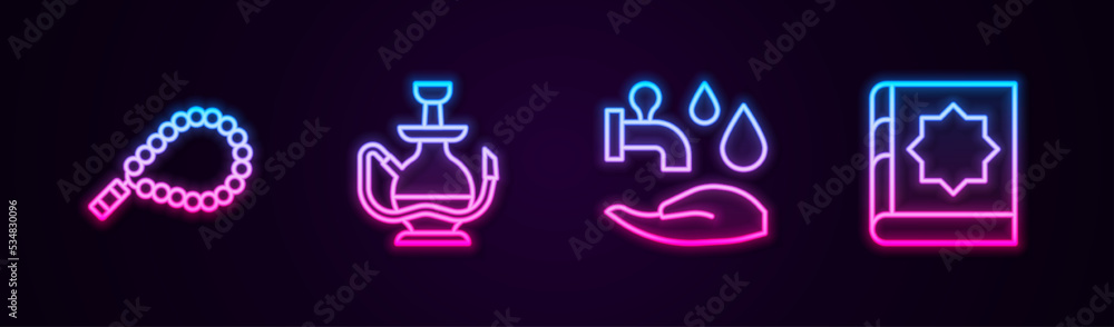 Canvas Prints set line rosary beads religion, hookah, wudhu and holy book of koran. glowing neon icon. vector