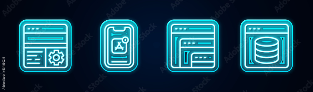 Poster set line debugging, mobile apps, software and server, data, web hosting. glowing neon icon. vector