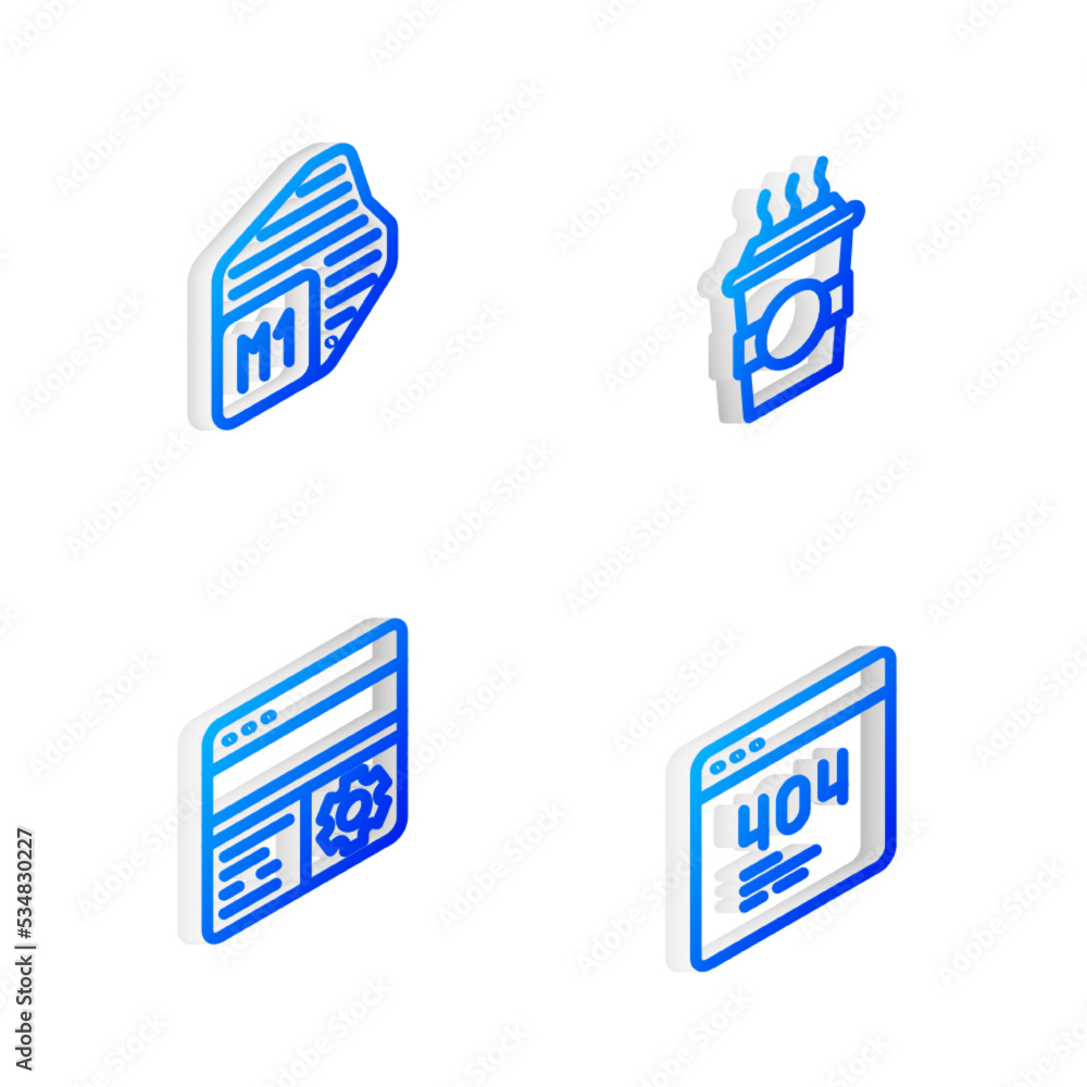 Poster set isometric line coffee cup to go, processor, debugging and page with a 404 error icon. vector