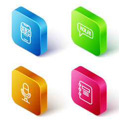 Set Isometric line Foreign language online study, Hola different languages, Microphone voice device and Notebook icon. Vector © vector_v