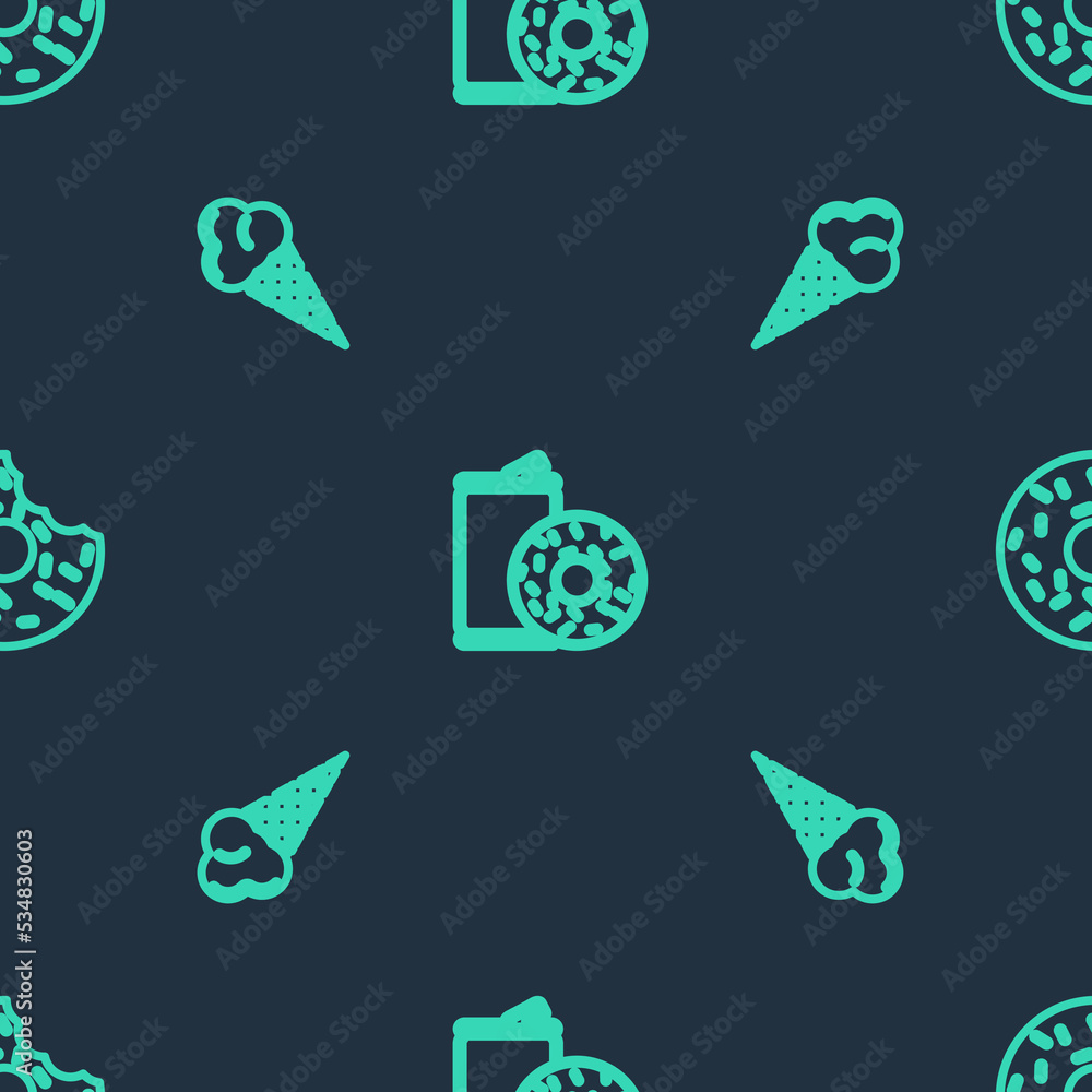 Sticker Set line Aluminum can soda and donut, Ice cream waffle cone and Donut on seamless pattern. Vector