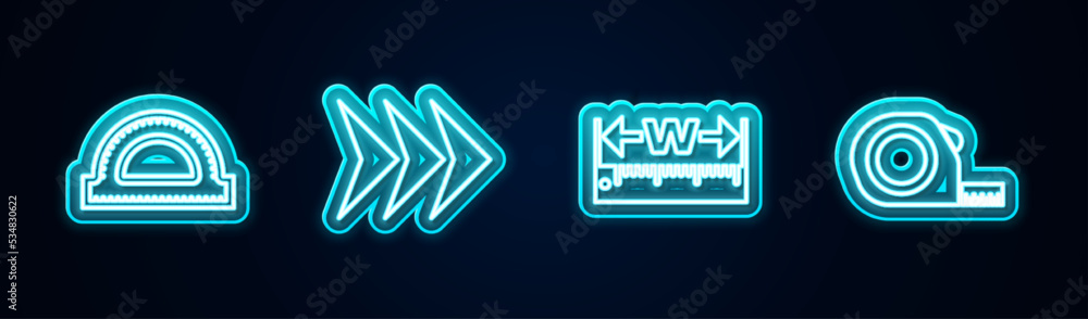 Poster set line protractor grid, arrow, measuring height and length and roulette construction. glowing neon