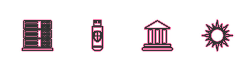 Set line Server, Data, Web Hosting, Bank building, USB flash drive and shield and Sun icon. Vector