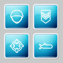 Set line Military helmet, Chevron, Target sport and Submarine icon. Vector