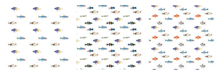 Watercolor white aquarium fishes seamless pattern illustration set,colorful animal, sea,lake clipart, Nautical, ocean drawing, nursery hand-painted fish design, fabric,gift wrap,scrapbooking,wallpaper