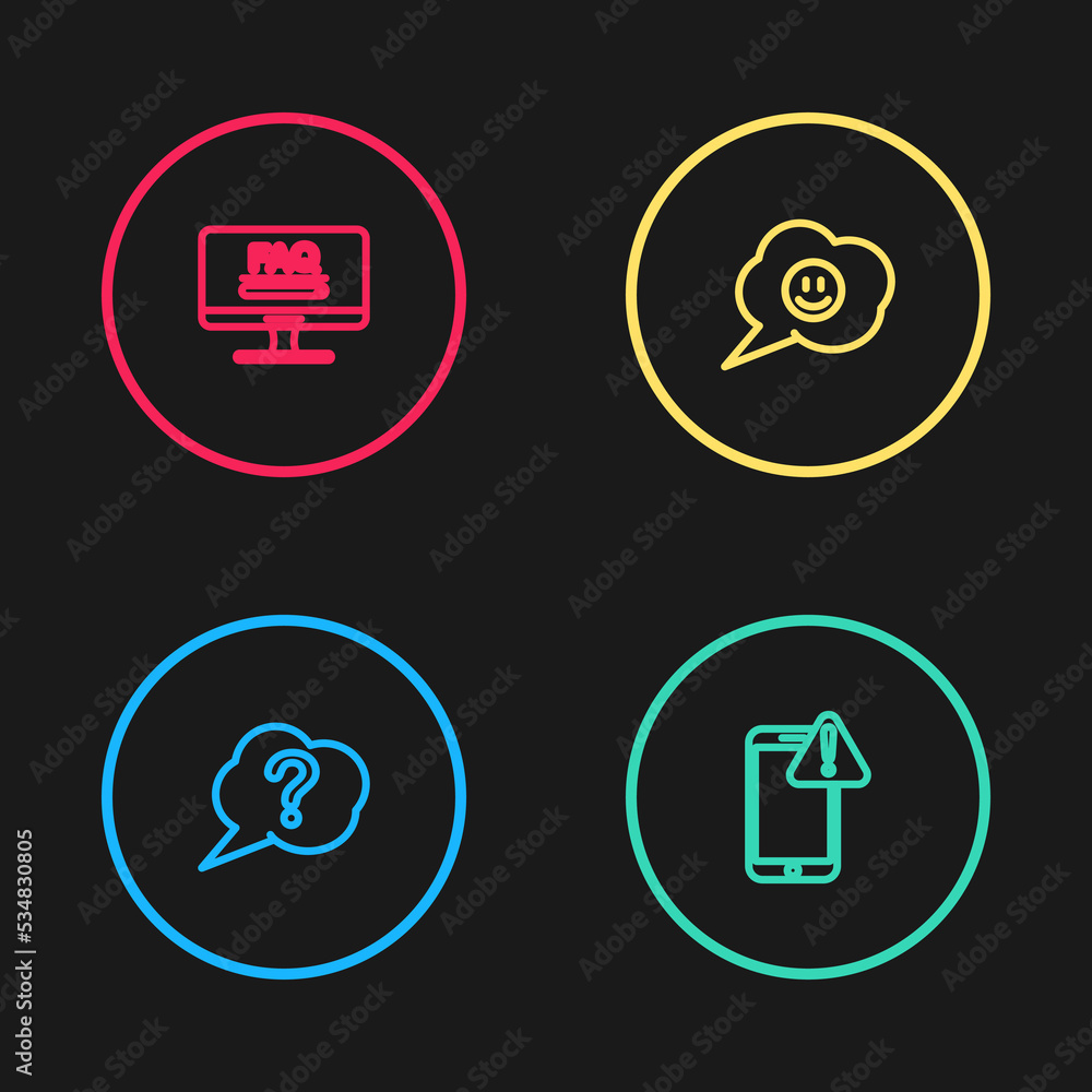 Poster set line speech bubble question, mobile with exclamation mark, smile face and monitor faq informatio