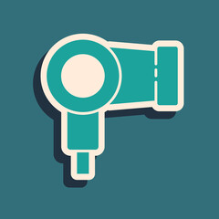 Green Hair dryer icon isolated on green background. Hairdryer sign. Hair drying symbol. Blowing hot air. Long shadow style. Vector Illustration