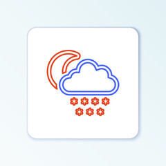 Line Cloud with snow and moon icon isolated on white background. Cloud with snowflakes. Single weather icon. Snowing sign. Colorful outline concept. Vector