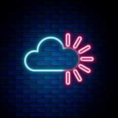 Glowing neon line Cloudy icon isolated on brick wall background. Colorful outline concept. Vector