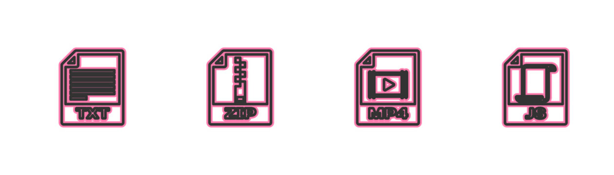 Set line TXT file document, MP4, ZIP and JS icon. Vector