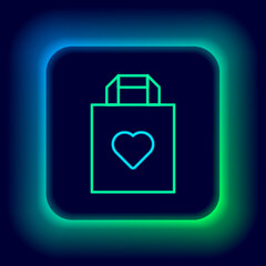 Glowing neon line Shopping bag with heart icon isolated on black background. Shopping bag shop love like heart icon. Valentines day symbol. Colorful outline concept. Vector