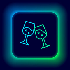 Glowing neon line Glass of champagne icon isolated on black background. Colorful outline concept. Vector