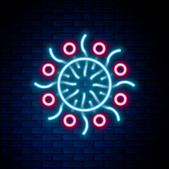 Glowing neon line Firework icon isolated on brick wall background. Concept of fun party. Explosive pyrotechnic symbol. Colorful outline concept. Vector
