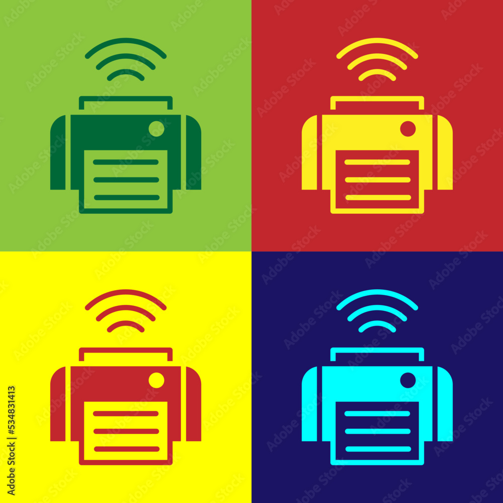 Poster pop art smart printer system icon isolated on color background. internet of things concept with wire