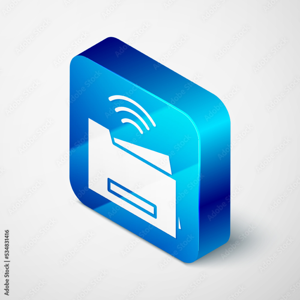 Poster isometric smart printer system icon isolated on grey background. internet of things concept with wir