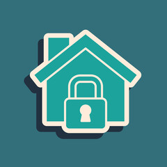 Green House under protection icon isolated on green background. Home and lock. Protection, safety, security, protect, defense concept. Long shadow style. Vector