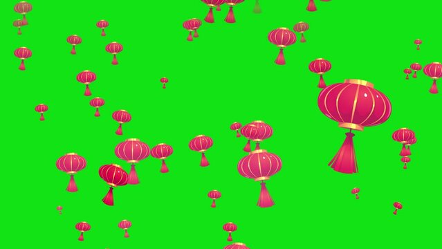 Chinese lantern flies into the sky over a green screen. chinese lantern flies into the sky over with key color. Color key background. Chroma key.