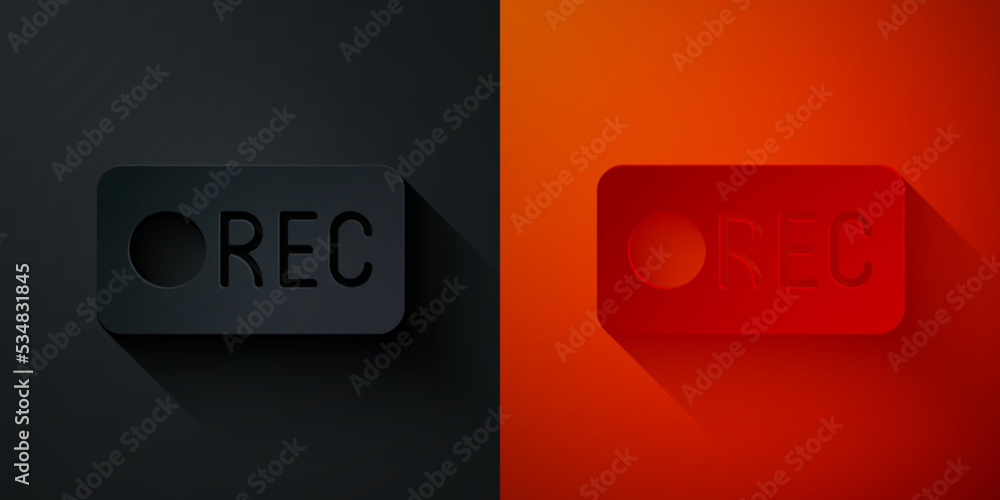 Poster Paper cut Record button icon isolated on black and red background. Rec button. Paper art style. Vector