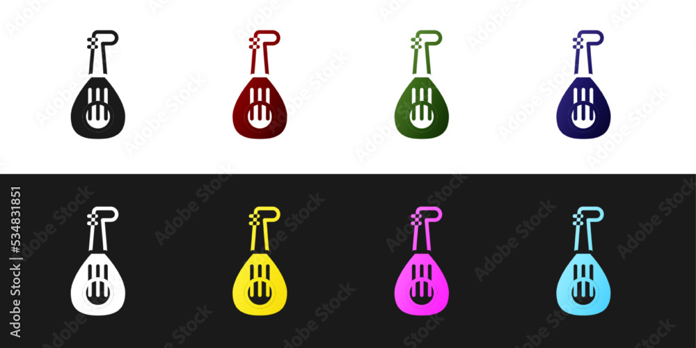 Sticker set musical instrument lute icon isolated on black and white background. arabic, oriental, greek mus