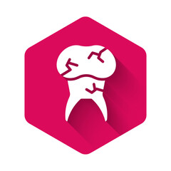 White Tooth with caries icon isolated with long shadow background. Tooth decay. Pink hexagon button. Vector