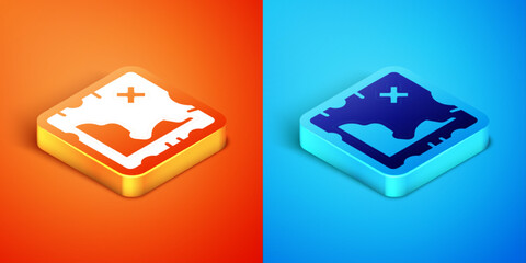 Isometric Pirate treasure map icon isolated on orange and blue background. Vector