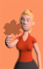 a girl with a large maple leaf in her hands on an orange background 3d-rendering
