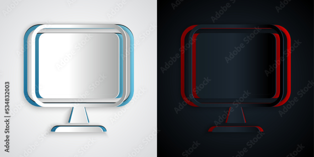 Poster paper cut computer monitor screen icon isolated on grey and black background. electronic device. fro