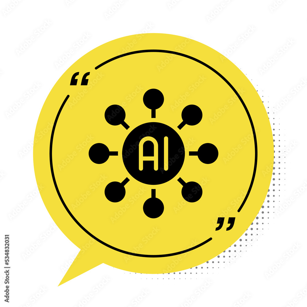 Poster black neural network icon isolated on white background. artificial intelligence ai. yellow speech bu