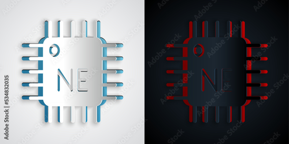 Poster paper cut computer processor with microcircuits cpu icon isolated on grey and black background. chip