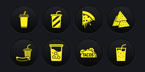 Set Soda and hotdog, Nachos, Glass with water, Taco tortilla, Slice of pizza, and icon. Vector