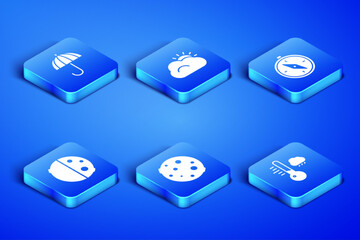 Set Meteorology thermometer, Umbrella, Moon, Eclipse of sun, Sun and cloud and Compass icon. Vector