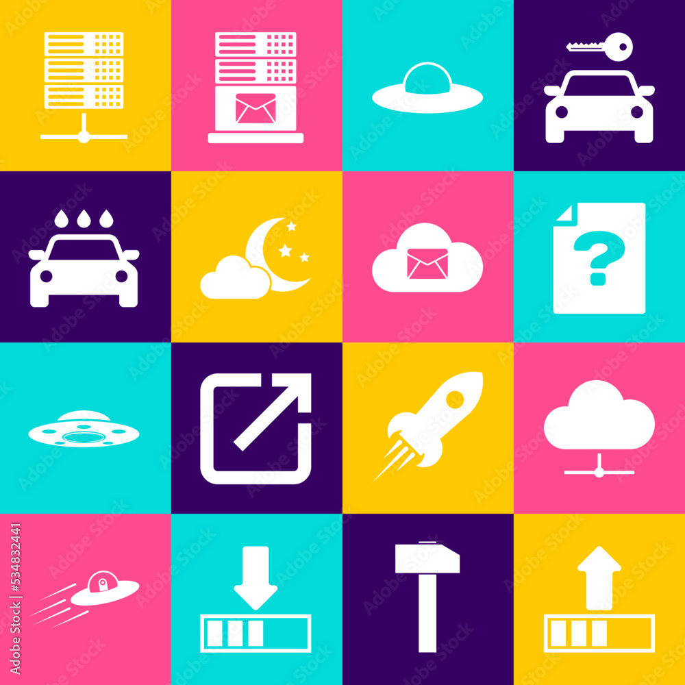 Poster set loading, network cloud connection, unknown document, ufo flying spaceship, cloud with moon and s