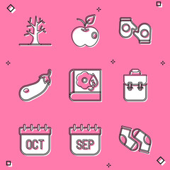 Set Bare tree, Apple, Christmas mitten, Eggplant, Herbarium, School backpack, October calendar autumn and September icon. Vector