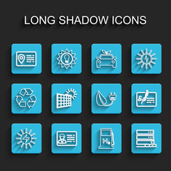 Set line Solar energy panel, Identification badge, Address book, Hydrogen filling station, Customer care server, and sun, Signed document and Electric saving plug leaf icon. Vector