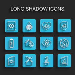 Set line Eco fuel canister, friendly house, Radioactive waste in barrel, Electric saving plug pot, Canister machine oil, Recycle clean aqua and Acid rain and radioactive cloud icon. Vector