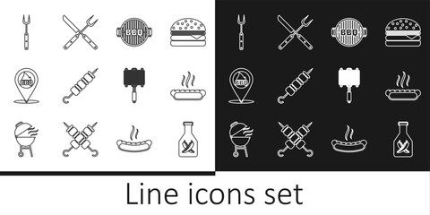 Set line Ketchup bottle, Hotdog sandwich, Barbecue grill, Grilled shish kebab, Location with barbecue, fork, steel grid and Crossed knife icon. Vector