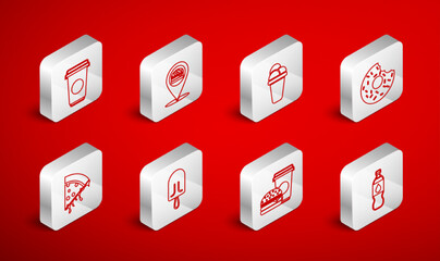 Set line Bottle of water, Location with burger, Ice cream, Donut, Coffee and, cup, and Slice pizza icon. Vector
