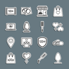 Set line Anal plug, Pills for potency, Male and female heart, Sex shop building, Laptop with 18 plus content, Play Video and Spanking paddle icon. Vector