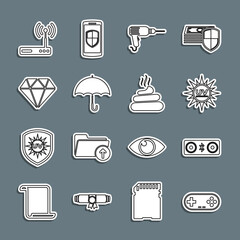 Set line Gamepad, speakers, UV protection, Drill machine, Umbrella, Diamond, Router and wi-fi and Shit icon. Vector