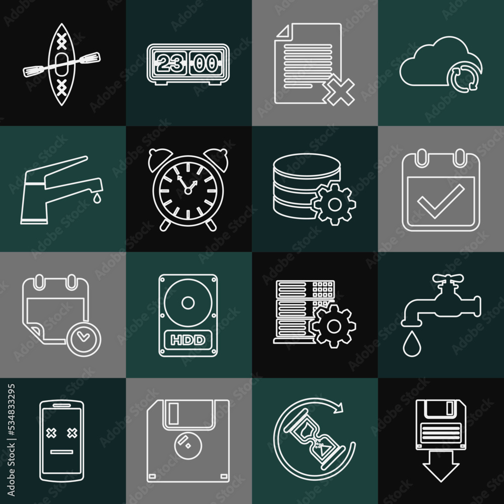 Poster set line floppy disk backup, water tap, calendar with check mark, delete file document, alarm clock,