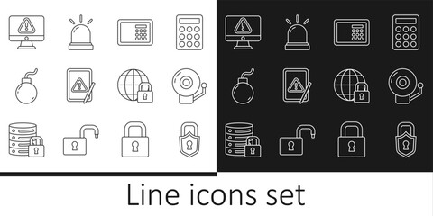 Fototapeta na wymiar Set line Lock, Ringing alarm bell, Safe, Tablet with exclamation mark, Bomb ready to explode, Monitor, Global lockdown and Motion sensor icon. Vector