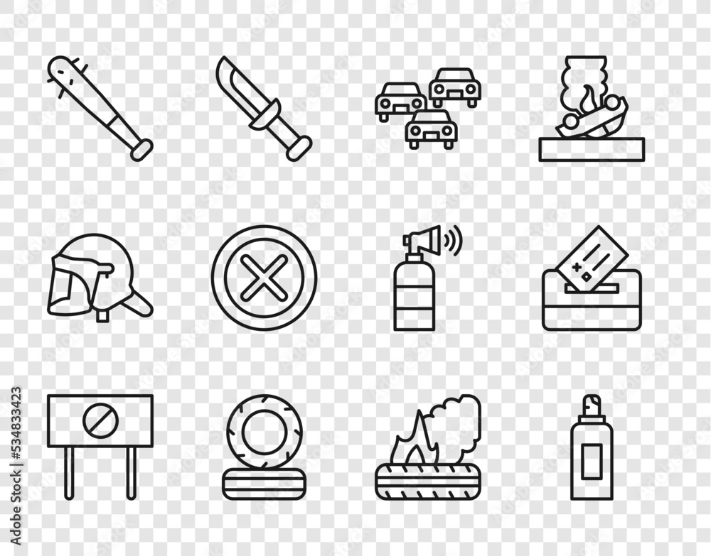 Sticker Set line Protest, Paint spray can, Traffic jam, Lying burning tires, Baseball bat with nails, X Mark, Cross circle, and Vote box icon. Vector