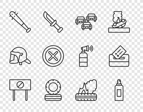 Set line Protest, Paint spray can, Traffic jam, Lying burning tires, Baseball bat with nails, X Mark, Cross circle, and Vote box icon. Vector