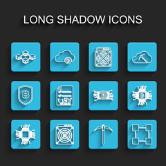 Set line Processor, ASIC Miner, Blockchain technology, Pickaxe, Smart contract, CPU mining farm and Cryptocurrency bitcoin circuit icon. Vector