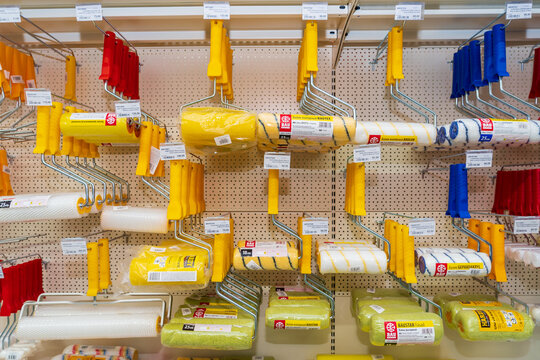 Paint rollers. Goods in a building materials store. June 24, 2022 Balti Moldova.